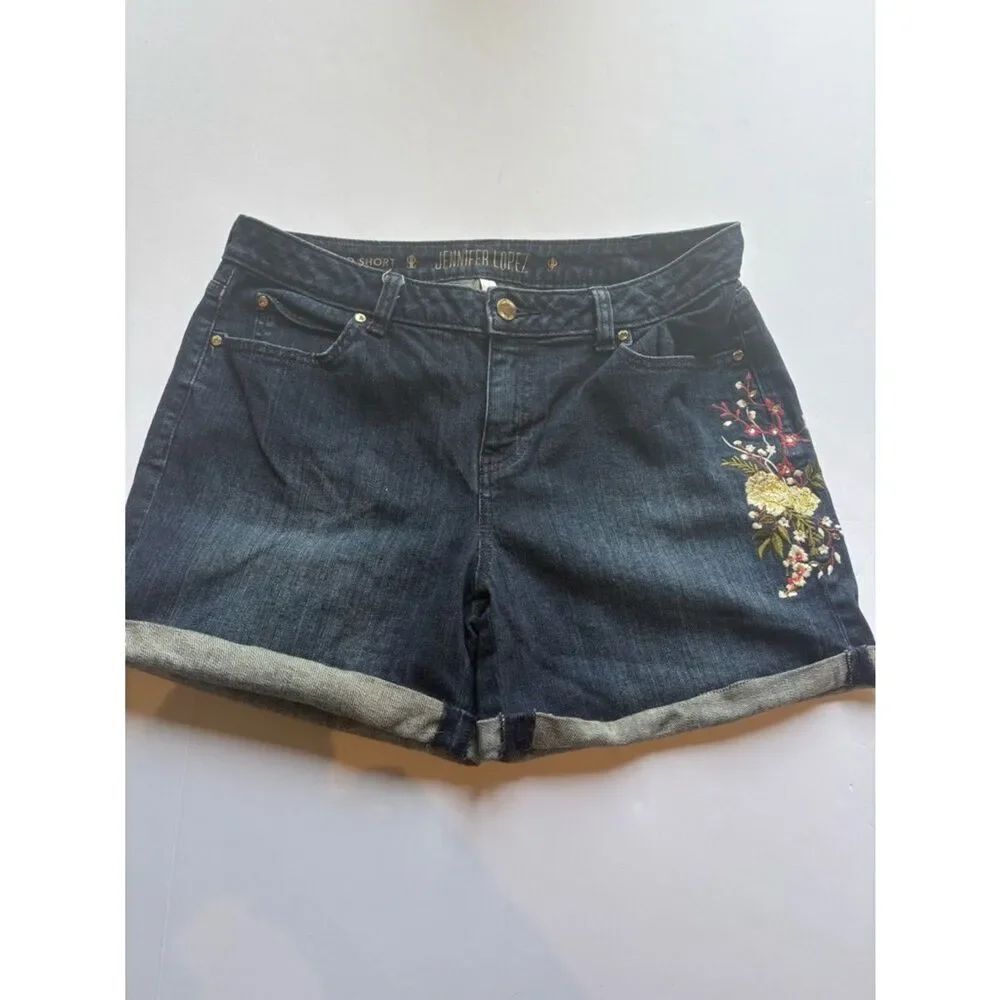 Jennifer Lopez Women's Dark Blue Embroidered Denim Roll-Cuff Shorts Size 8
